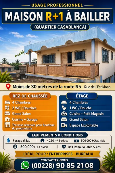 MAISON R+1 À LOUER À USAGE PROFESSIONNEL – LOMÉ-Cassablanca ,moins de 30 m de la nationale N5,(Boulevard du 30 Août)