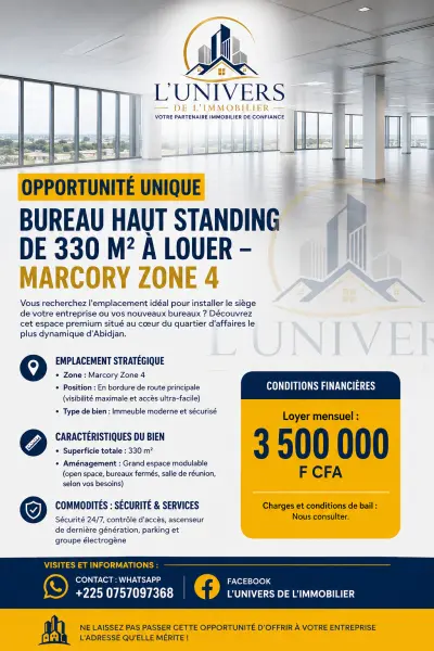 À louer bureau 330m² à marcory zone 4 