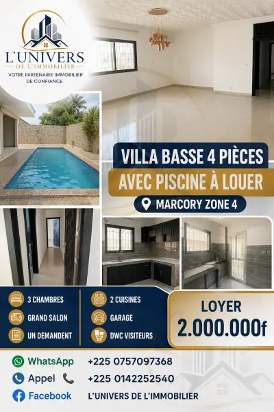 Villa basse 4 pièces avec piscine à louer marcory zone 4 