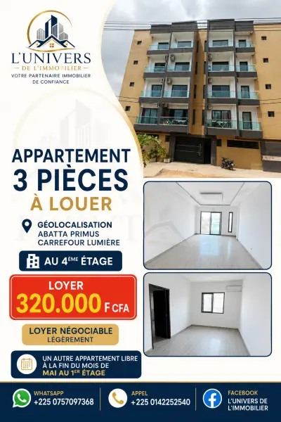 Appartement 3 pièces à louer à Cocody Rivera Abatta 