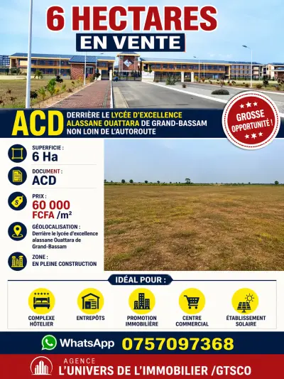 6 hectares avec ACD en vente à grand-bassam dernière le lycée d'excellence alassane Ouattara 