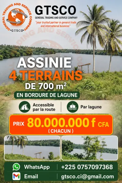 Assinie 4 terrains de 700m² en bordure de lagune avec ACD 