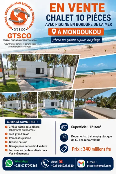 Mondoukou Chalet 10 pièces en bordure de Mer avec piscine 