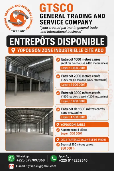 Plusieurs Entrepôts à louer Yopougon zone industrielle 
