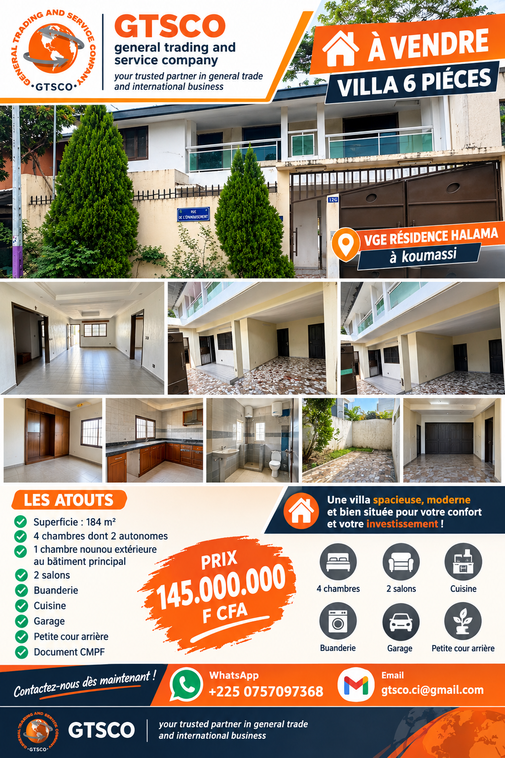 Vente villa duplex 6 pièces sur le VGE RÉSIDENCE HALAMA koumassi 