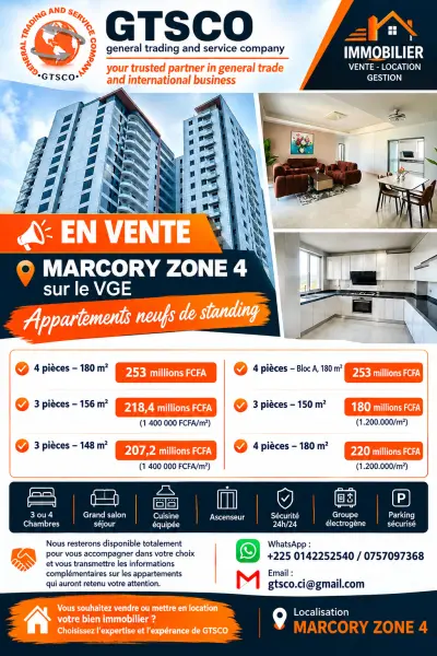 Marcory zone 4 appartements neufs sur le VGE en vente 