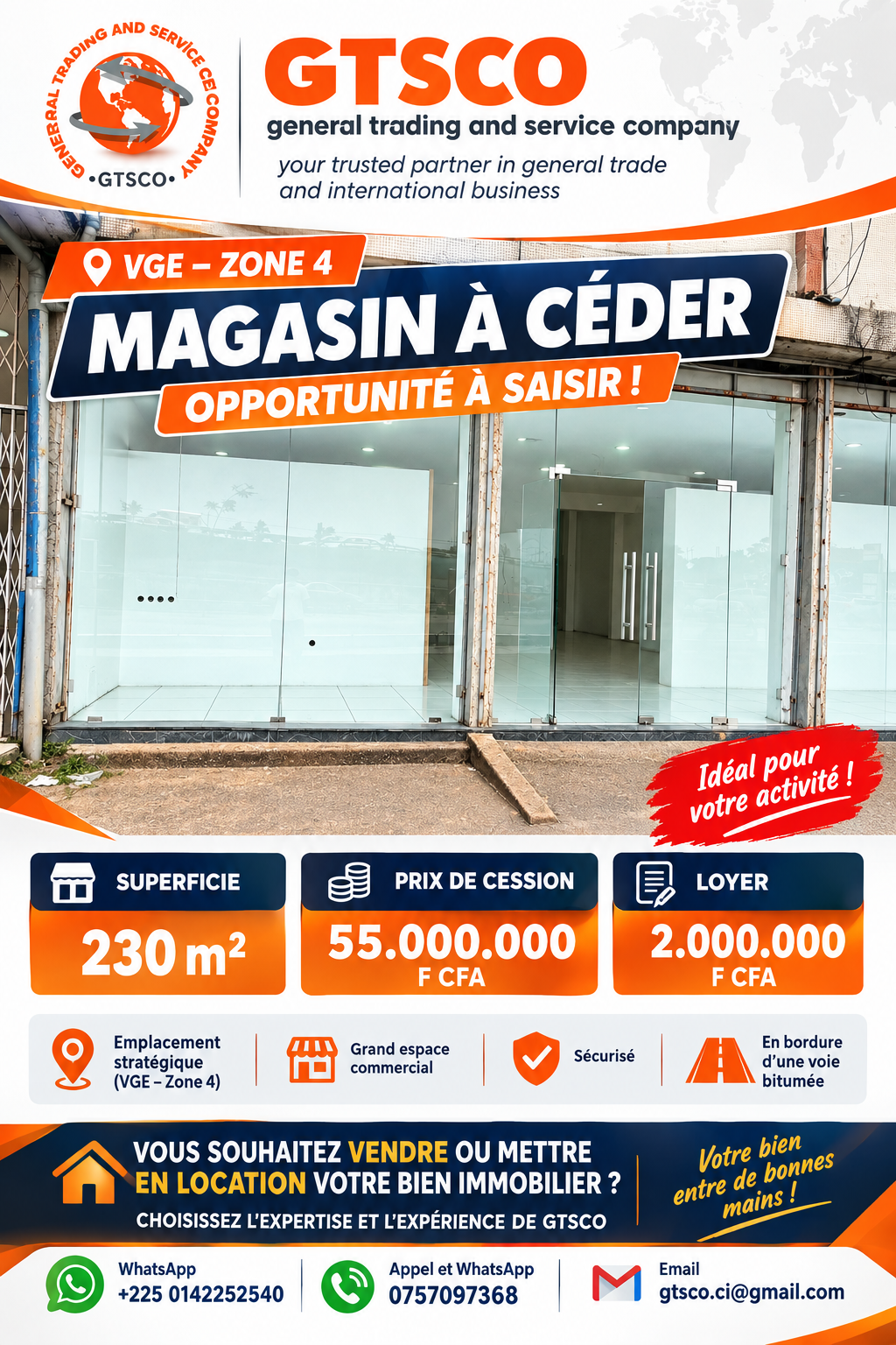 VGE marcory zone 4,2 magasins de 230m² chacun à céder 