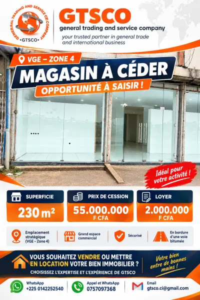 VGE marcory zone 4,2 magasins de 230m² chacun à céder 