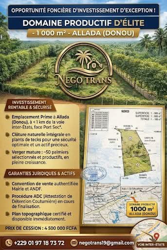 Domaine productif de 1 000 m² situé à Allada (Donou), à moins de 1 km de la voie inter-États (face au Port Sec).