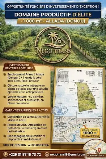 Domaine productif de 1 000 m² situé à Allada (Donou), à moins de 1 km de la voie inter-États (face au Port Sec).