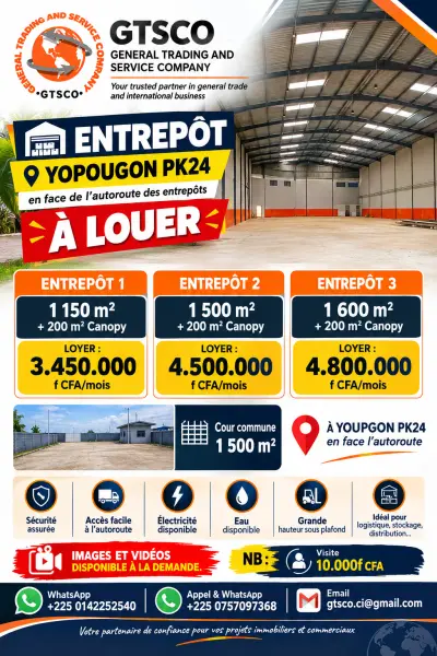 Entrepôt, Yopougon PK24 des entrepôts neuf en location en face de l'autoroute 